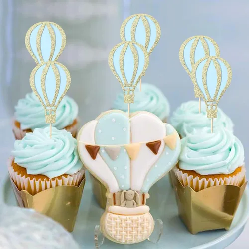 Miniatura 4 de 12 decoraciones para cupcakes de globo aerostático – Decoración para cupcakes con purpurina, decoración de baby shower, suministros de fiesta