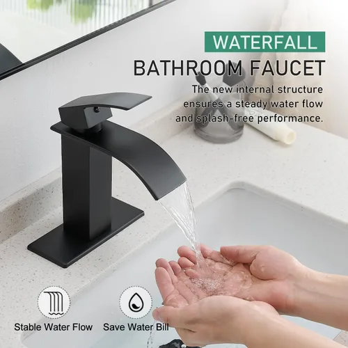 Miniatura 2 de VOTON Grifos de Baño Negros Modernos de Cascada para Lavabo de Baño Grifo de Baño Negro Mate de Una Sola Manija para 1 o 3 Agujeros con Placa