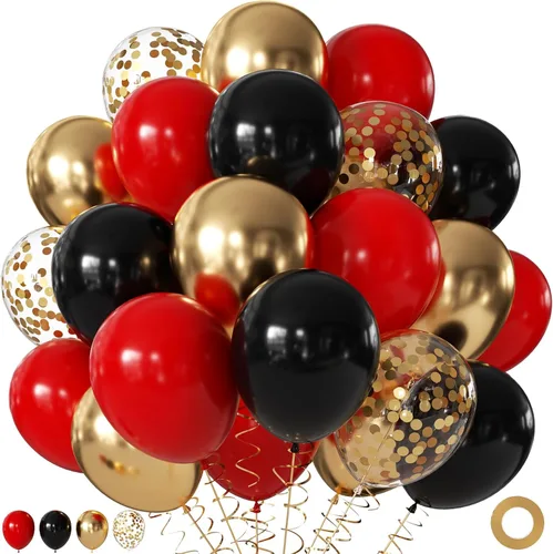 Globos rojos y negros, 60 globos de oro rojo y negro de 12 pulgadas con globos de confeti dorado para graduación, Año Nuevo, películas de casino,