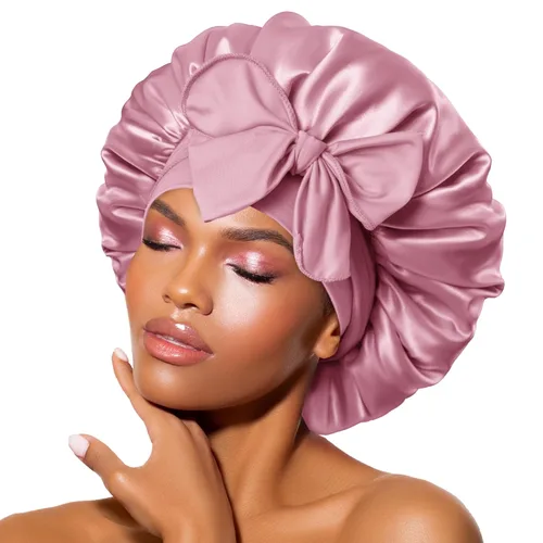 Gorro de satén de seda para dormir con banda ancha para cabello rizado, color rosado oro rosa claro