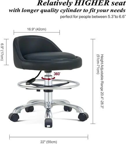 Miniatura 2 de Taburete Rolling Shop con soporte de espalda, taburete ajustable en altura con ruedas, resistente para salón, spa, tatuaje, esteticista y cocina