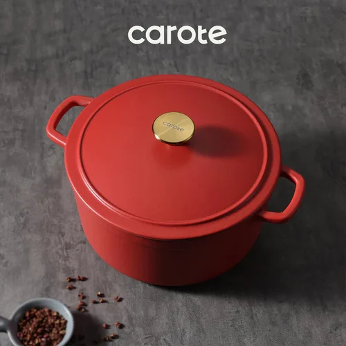 Miniatura 5 de CAROTE Olla holandesa de hierro fundido esmaltado de 5 cuartos con tapa, horno holandés de alta resistencia para hornear pan de masa madre, Rojo