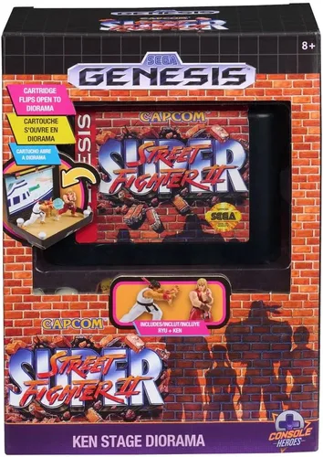 Miniatura 4 de Console Heroes Super Street Fighter II Diorama Coleccionable – Figuras Mini de Ryu y Ken con Escena del Escenario Dock – Expositor de Cartucho Retro
