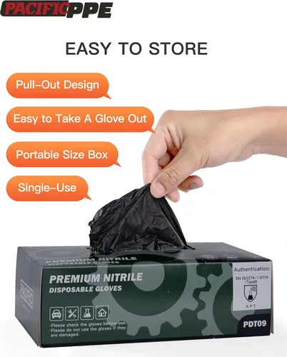Miniatura 4 de PACIFIC PPE Guantes desechables de nitrilo negro resistentes de 6 mil, resistentes a productos químicos, seguros para alimentos, sin látex