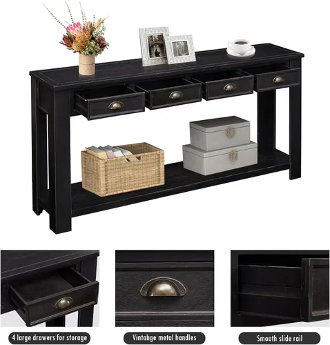 Miniatura 6 de kinbor Mesa consola larga para sofá, mesa de sofá de madera, mesas de entrada con 4 cajones y estante de almacenamiento para entrada, pasillo, sala