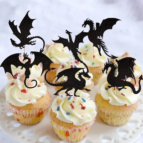 Miniatura 4 de Paquete de 24 adornos para cupcakes de dragón con purpurina de fantasía, para cumpleaños, temática de dragón volador, baby shower, fiesta