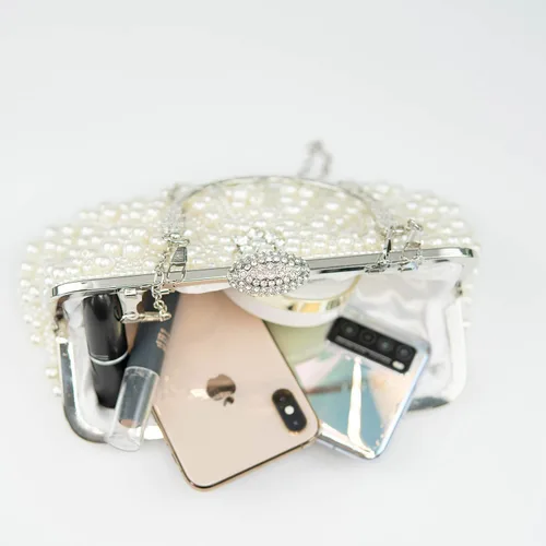 Miniatura 3 de Ofuleo Bolsos de mano de perlas de lujo, bandolera de cristal para mujer, para boda, noche, fiesta casual, Blanco