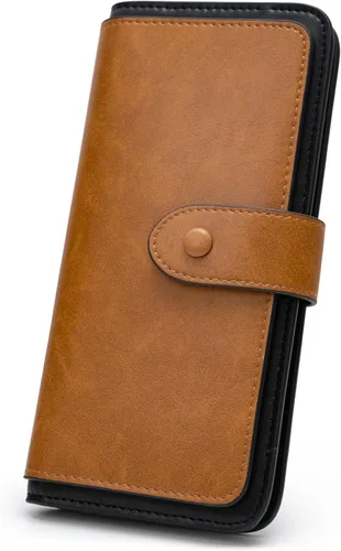 Miniatura 7 de Cartera de cuero con bloqueo RFID para mujeres, diseño delgado de triple pliegue con 14 ranuras para tarjetas y bolsillo con cremallera, Negro