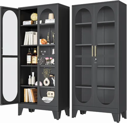 Miniatura 13 de PAOFIN Vitrina de Exhibición con Cerradura de 47" de Alto con Puerta de Vidrio, Gabinetes de Metal con 3 Estantes Ajustables, Gabinete Vitrina