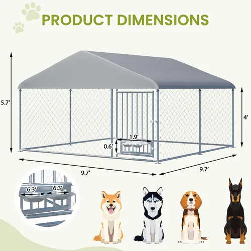 Miniatura 2 de 10FT x 10FT Outdoor Dog Kennel with Roof, Outside Dog Run Fence with Rotated Dog Bowls, Large Dog House Pen Enclosure with Secure Lock&Textilene Door