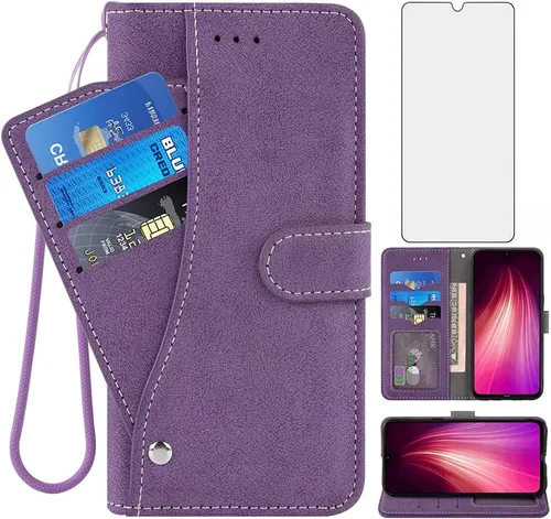 Asuwish Compatible con Xiaomi Redmi Note 8 - Funda tipo cartera y protector de pantalla de vidrio templado, soporte para tarjetas de crédito, Púrpura