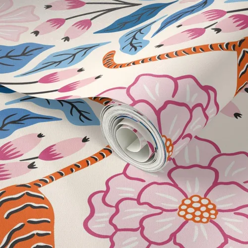 Miniatura 2 de Papel tapiz autoadhesivo para despegar y pegar, Maximalist Tropical Jungle Damasco, exótico, botánico, floral, tigre, rosa, azul, papel tapiz