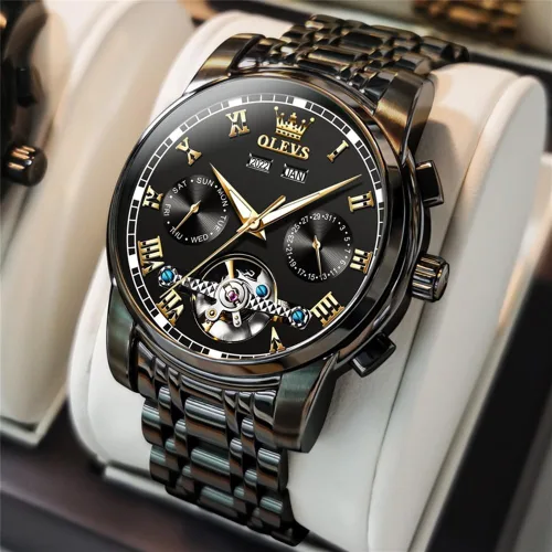 Miniatura 7 de OLEVS Reloj automático para hombre, cuerda automática, mecánica, de lujo, de acero inoxidable, multicalendario, impermeable, luminoso, reloj