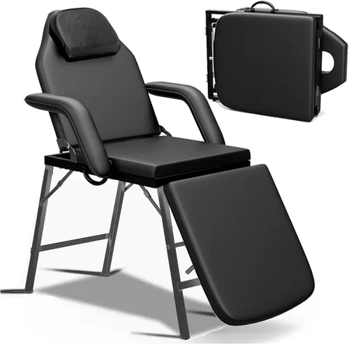 Roixeeds Mesa de masaje facial ajustable, reposacabezas y reposabrazos extraíbles, silla portátil de tatuaje para masaje profesional, sala de Negro