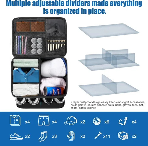 Miniatura 4 de Organizador de maletero de golf para coche SUV con compartimento para zapatos y divisor Bolsa de almacenamiento de golf de 2 capas para bolas
