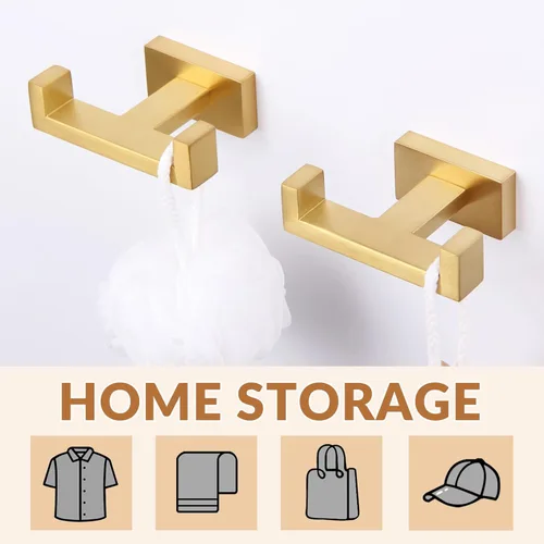 Miniatura 2 de APLusee Paquete de 2 ganchos dobles para toallas de baño, soporte cuadrado de doble capa de acero inoxidable sólido, moderno para baño y cocina, Oro