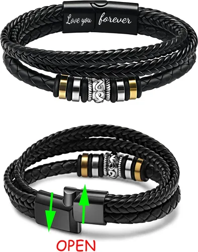 Miniatura 5 de Pulsera de cuero negro para hombre con correa de piel negra para hombre