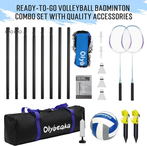 Miniatura 8 de Juego de red combinada de voleibol y bádminton de 20 pies para exteriores para patio trasero y playa con postes ajustables, red duradera