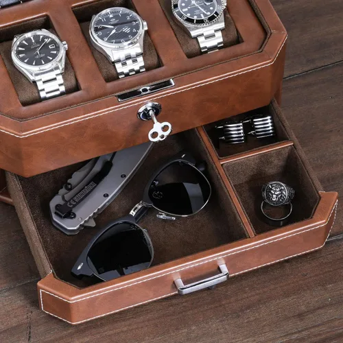 Miniatura 8 de Juego de regalo Caja de reloj de cuero con 6 ranuras con cajón de valet, organizador de exhibición de lujo para reloj, forro de microgamuza, caja