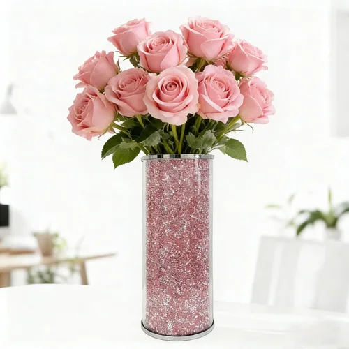 Jarrón de diamantes de cristal, 10 pulgadas, color rosa, para centros de mesa, jarrón decorativo para decoración del hogar, mesa de comedor, baño,