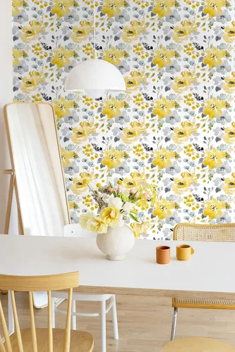 Miniatura 5 de Toduso Papel Tapiz Floral Despegar y Pegar Papel Tapiz Amarillo/Gris/Blanco Acuarela Papel de Contacto Autoadhesivo Removible Papel Tapiz Forros