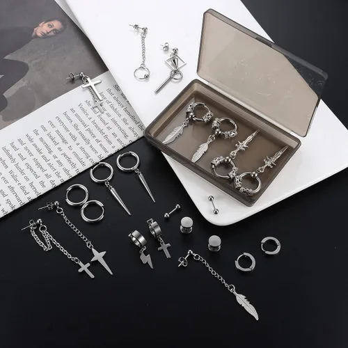 Miniatura 5 de Fiasaso Juego de 22 aretes colgantes de acero inoxidable con bisagras de aro de cadena larga aretes colgantes de cruz para hombre color negro