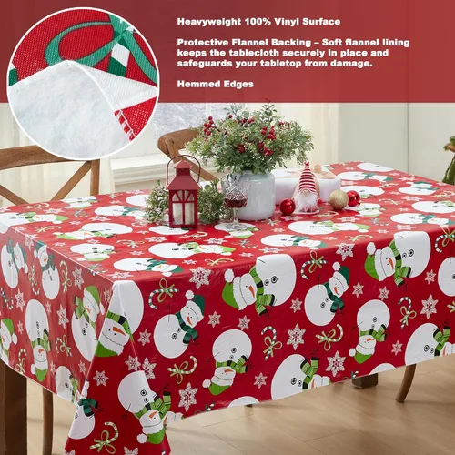 Miniatura 4 de Newbridge Mantel de vinilo navideño con diseño de muñeco de nieve rojo con reverso de franela, bastón de caramelo y copos de nieve, mantel de vinilo