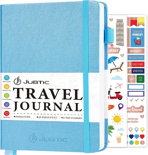 JUBTIC Diario de viaje, planificador de vacaciones con rastreador de presupuesto y lista de verificación, planificador de viaje tamaño A5, cuaderno