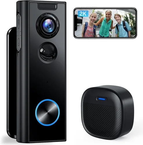 XTU - Cámara de timbre inalámbrica sin suscripción, timbre de video 2K con timbre, audio de 2 vías, alerta instantánea, detección humana, visión