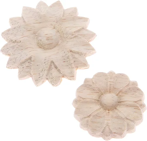 Miniatura 4 de MUXSAM Paquete de 10 rosetas de madera, apliques pequeños onlay, sin pintar, calcomanías redondas de tallado de flores para el hogar, armarios