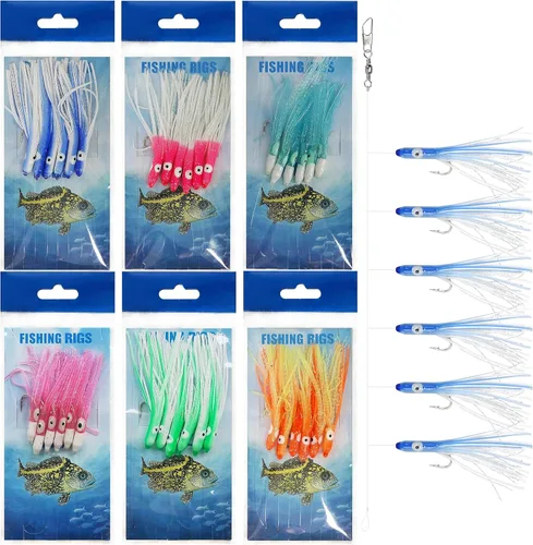 Juego de aparejos de cebo de pesca para agua salada, 6 paquetes de señuelos de cebo de calamar, aparejos de pesca de surf con gancho de falda de