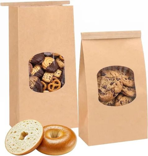 Moretoes Bolsas de galletas con ventana, 55 unidades, 4.65 x 2.6 x 9.72 pulgadas, sello por pestaña de amarre de lata, bolsas de papel kraft marrón
