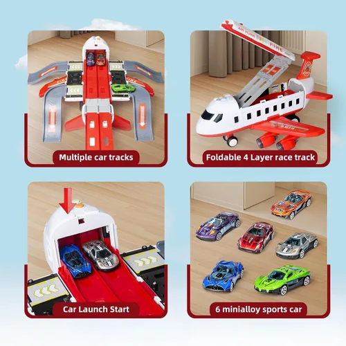 Miniatura 2 de Juguete de avión con pista de carreras plegable de 4 capas, avión de transporte con 6 autos de carreras, luces LED y sonidos, juguetes para niños