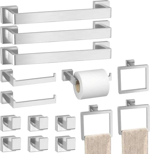Miniatura 12 de Juego de 10 accesorios de baño negro mate, juego de herrajes de baño de acero inoxidable, toalleros para baño montados en la pared, juego de barras
