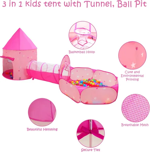 Miniatura 4 de Tienda de campaña de princesa de 3 piezas para niñas con hoyo de bolas para niños, tiendas de campaña para niños y túnel de gateo para niños