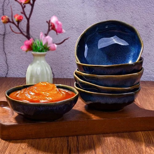 Miniatura 5 de Juego de 6 platos de cerámica para salsa de soja para condimentos de sushi (horno azul)