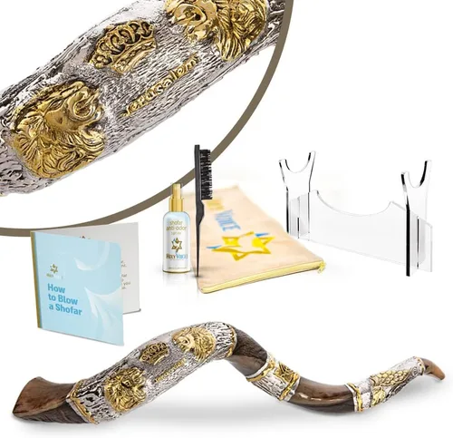 Holy Voice Cuerno decorativo Kudu Shofar de León de Juda, chapado en plata de ley de 36 a 39 pulgadas, con soporte, bolsa de transporte y cepillo de