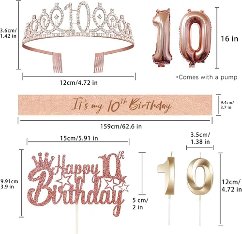 Miniatura 4 de Decoraciones de cumpleaños de 10 años para ella, 5 piezas de regalo, incluyendo corona de tiara de décimo, banda, decoración de pasteles, globos