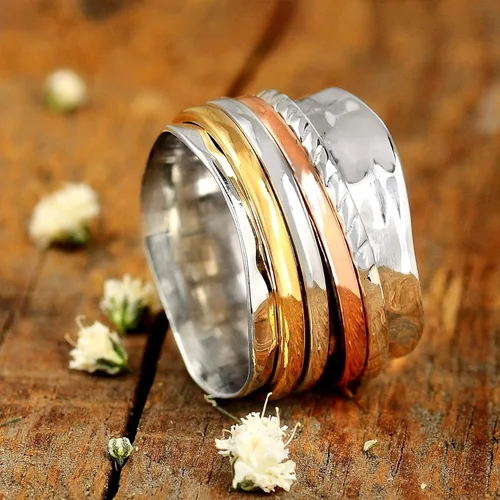 Miniatura 8 de Boho-Magic Anillo giratorio para mujer, plata de ley 925, con cobre y latón, anillos de plata