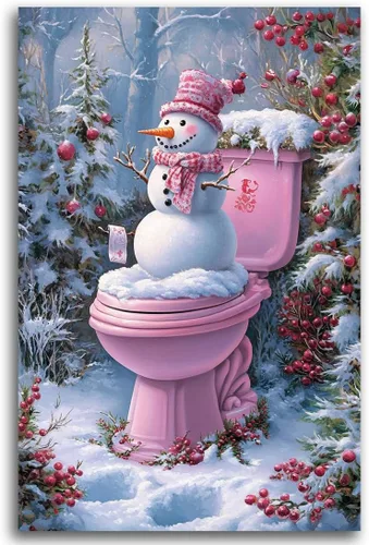 Miniatura 10 de Arte de pared de Navidad para baño, muñeco de nieve de Navidad en la bañera, impresión en lienzo de baño, escena clásica de Navidad, invierno