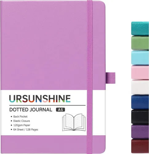 Miniatura 48 de Cuaderno punteado, diario, 5.3 x 8.26 pulgadas, tapa dura, prémium, papel grueso, doble espiral, bandas, cuero negro sintético, lazo para bolígrafo