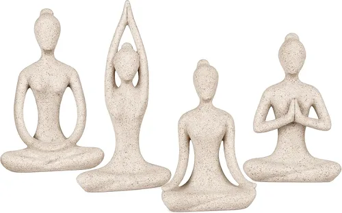 Miniatura 8 de OwMell Lote de 4 Figuras de Cerámica para Meditación y Yoga, Pose de Yoga, Figura Decorativa de Conjunto - Negro