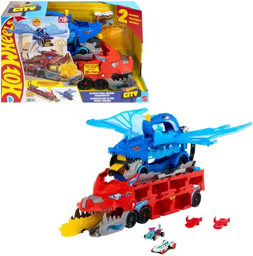 Hot Wheels City Toy Car Track Set, Ultimate Dual Dragon Transporter y 2 autos fundidos a presión, dragón desmontable y a gran escala, almacena más