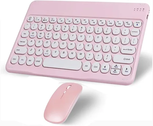Combo de teclado y mouse inalámbricos Bluetooth rosa, portátil, pequeña, delgada, compacta, ergonómica, de viaje, teclado inalámbrico para iPhone,