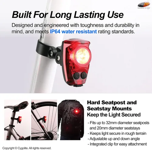 Miniatura 6 de Cygolite Hotshot Pro - Modelos de luz trasera de bicicleta de 200 y 150 lúmenes, estilos de montaje duro y flexible, 6 modos de noche y día