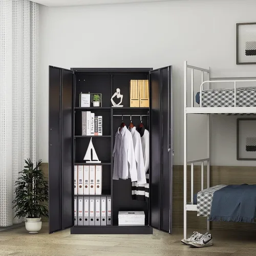 Miniatura 9 de Yizosh Armario de metal para colgar ropa con puertas de cerradura, armario de acero con cerradura de 72 pulgadas, organizador de ropa para Negro