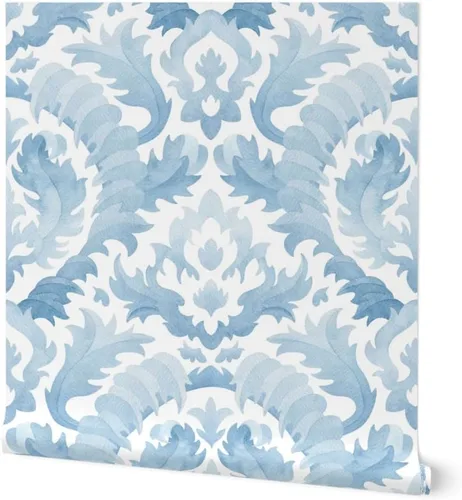 Muestro de papel tapiz extraíble – Acuarela Damasco Botánico Floral Azul Claro Monocromo Clásico Barroco Hoja de Acanto Papel pintado personalizado