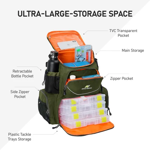 Miniatura 3 de N NEVO RHINO Mochila de aparejos de pesca con soportes para caña, bolsa de pesca grande de 40 L con cubierta impermeable para lluvia, bolsa