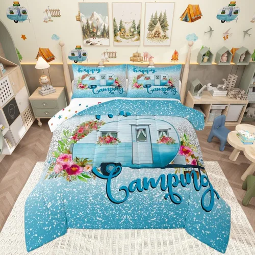 Miniatura 23 de Juego de edredón de camper tamaño matrimonial, edredón acolchado para adolescentes y niños, juego de ropa de cama rústica de granja para niños