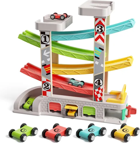 Miniatura 11 de TOP Bright Juguetes de rampa de madera para niños pequeños de 1 a 2 años de edad, habilidades motoras, pistas de carreras, rampa de automóvil